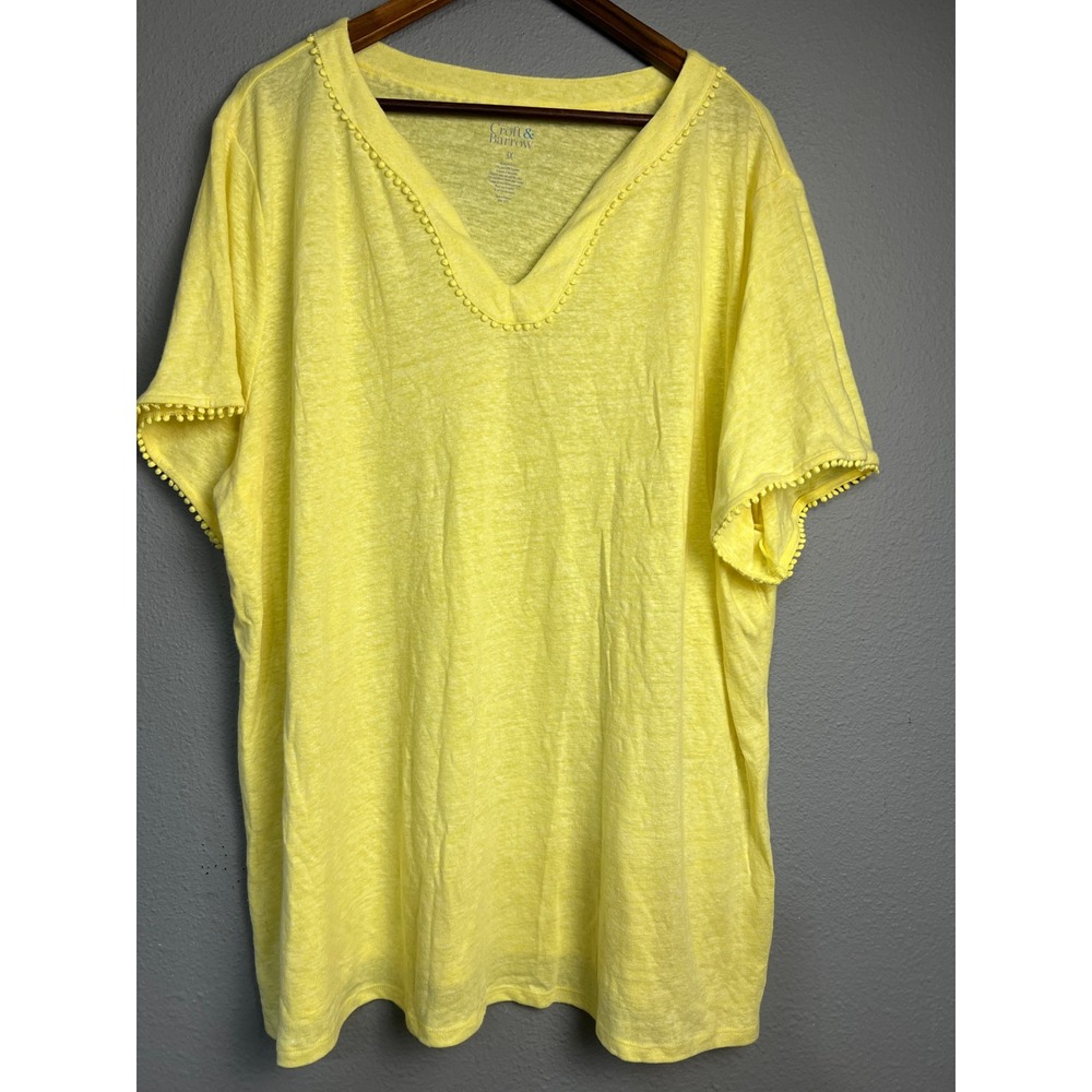 Croft & Barrow Womens 3X Yellow Linen Blend Pom Pom Trim V-Neck Slub T-Shirt